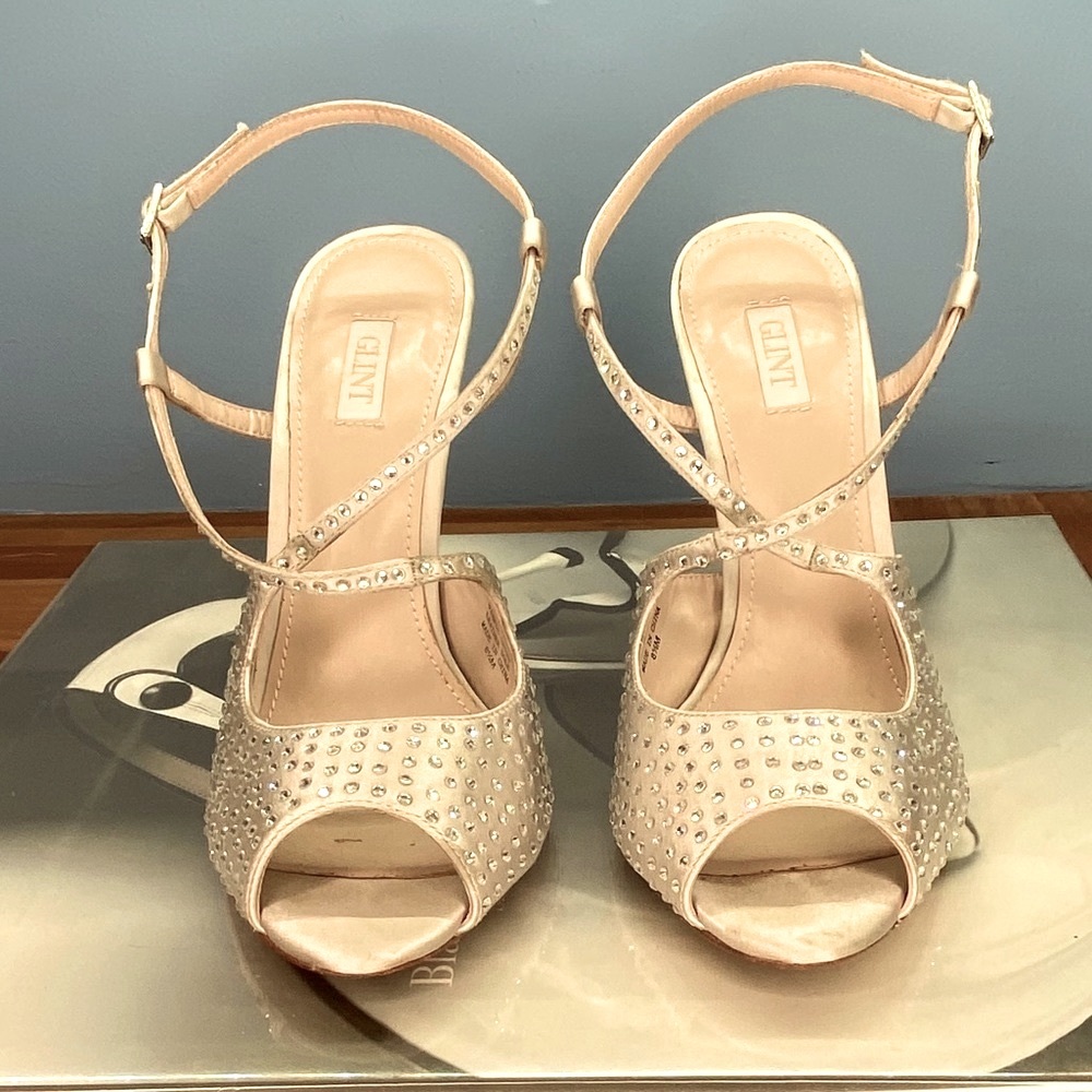Glint Champaign Platinum Satin Rhinestone Heels